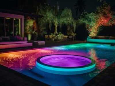 A pool party with neon lights illuminating the water Generative