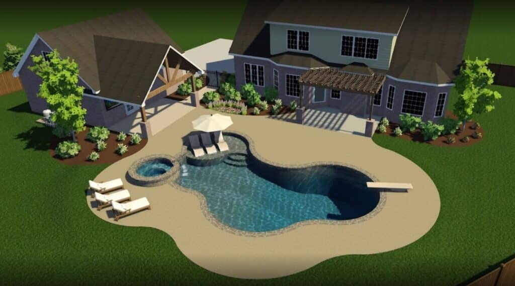 A digital 3D rendering of a Mid State Pools’ client’s backyard. A poolhouse with a patio and an irregular-shaped pool sit in the backyard of a moderately-large two-story home. The siding and roofline of the poolhouse matches that of the house. The pool has a tanning ledge and a small circular hot tub.